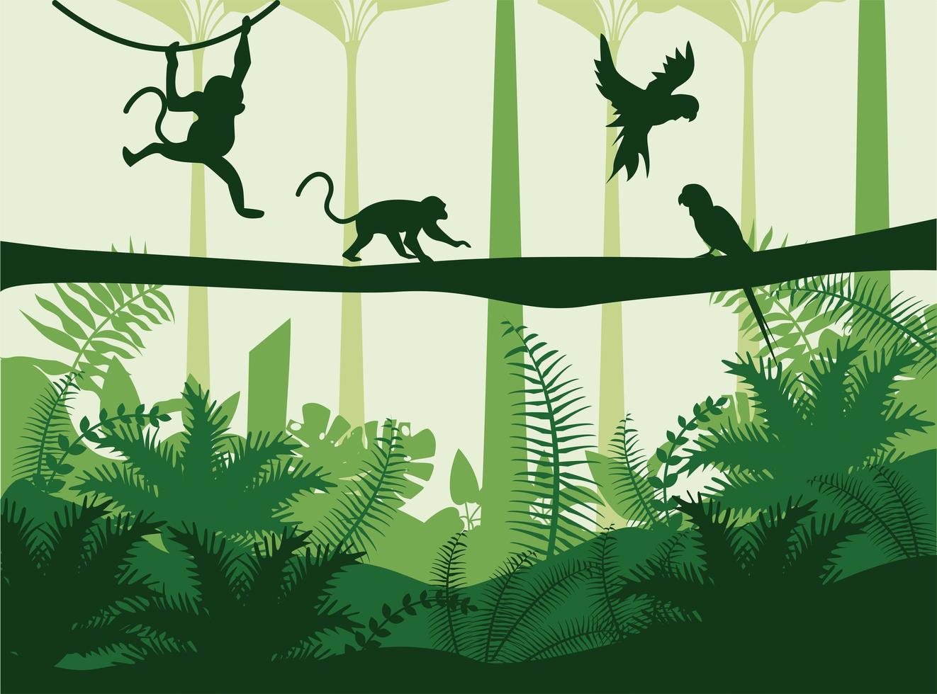 djungel vild natur grön färg landskap med apor och papegojor scen vektor
