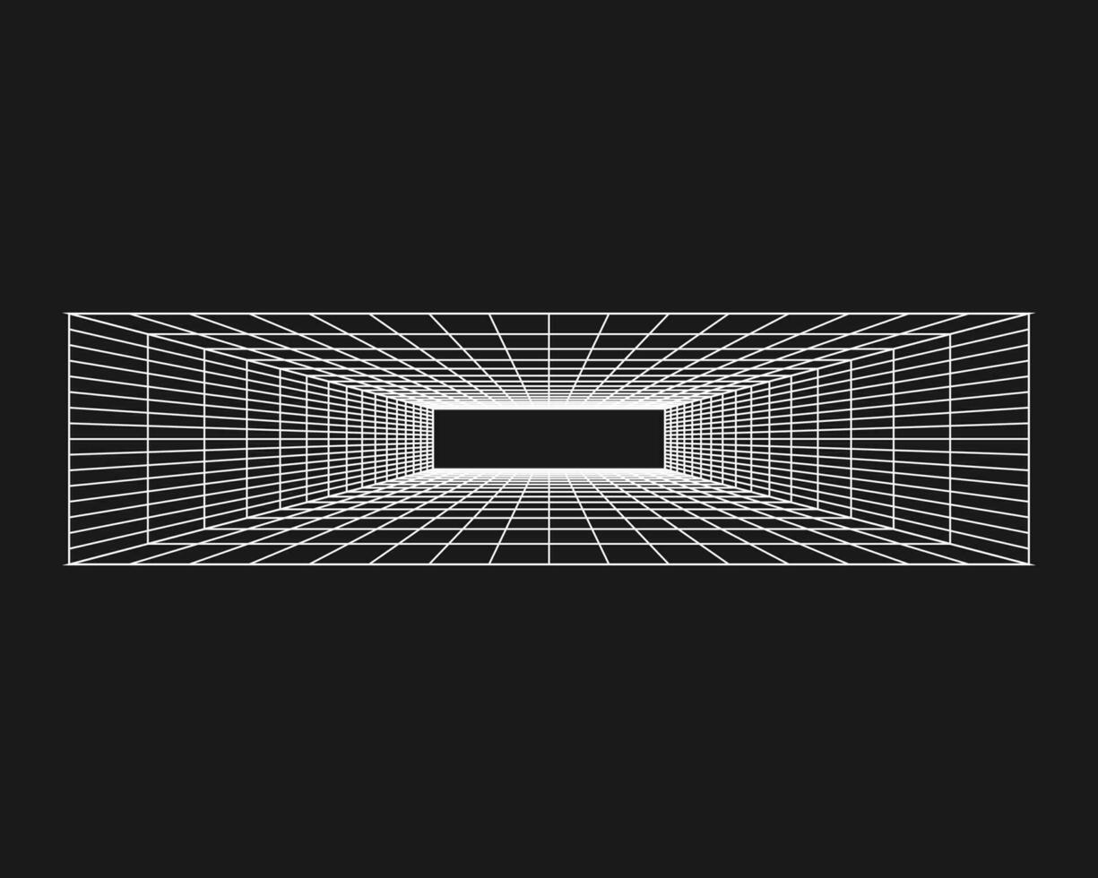 cyber rutnät, retro punk perspektiv rektangulär tunnel. rutnät tunnel geometri på svart bakgrund. vektor illustration.