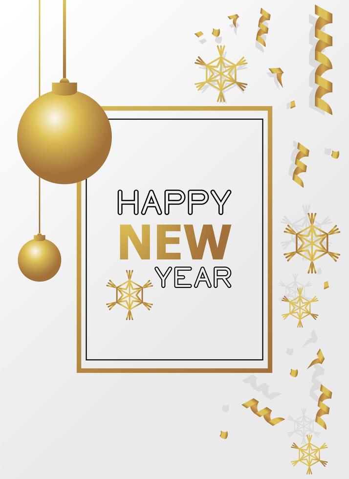 Frohes neues Jahr Karte mit goldenen Schneeflocken und Ball hängen vektor