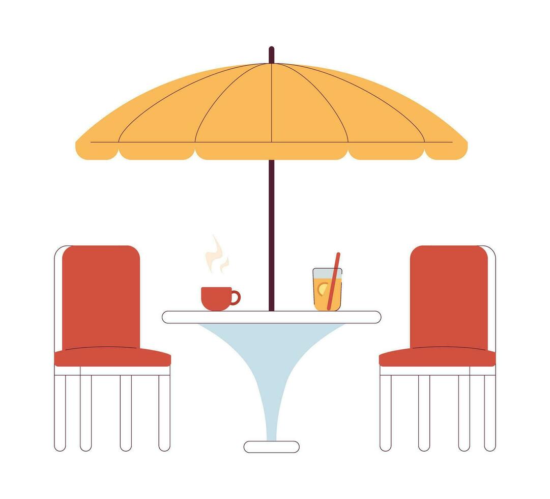 modern Straße Cafe Tabelle und Regenschirm halb eben Farbe Vektor Objekt. Hinterhof Terrasse Möbel. editierbar Karikatur Clip Kunst Symbol auf Weiß Hintergrund. einfach Stelle Illustration zum Netz Grafik Design