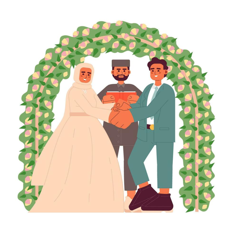 Nikah Zeremonie eben Konzept Vektor Stelle Illustration. jung Muslim Paar Herstellung Hochzeit Gelübde im Vorderseite von Imam 2d Karikatur Zeichen auf Weiß zum Netz ui Design. isoliert editierbar kreativ Held Bild