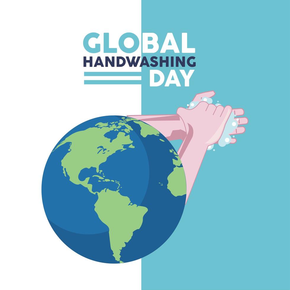 global handtvätt dag bokstäver med händer tvätt och jorden planet vektor