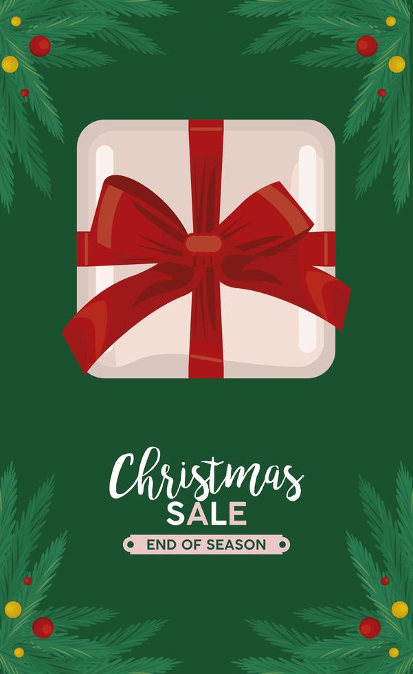 Frohe Weihnachten Verkauf Schriftzug mit Geschenk und Blätter Rahmen vektor