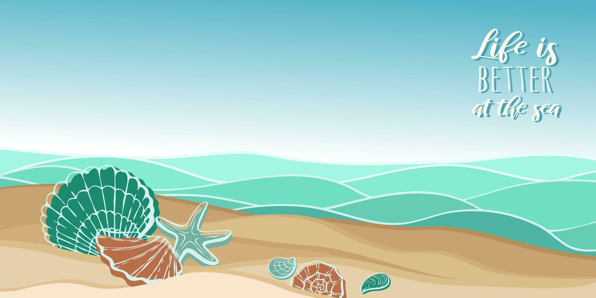 Leben ist besser beim das Meer Beschriftung mit Meer Wellen, Sand und Muscheln. Vektor Illustration zum Poster, T-Shirts, Karten, Einladungen, Aufkleber, Banner, Werbung, Design.