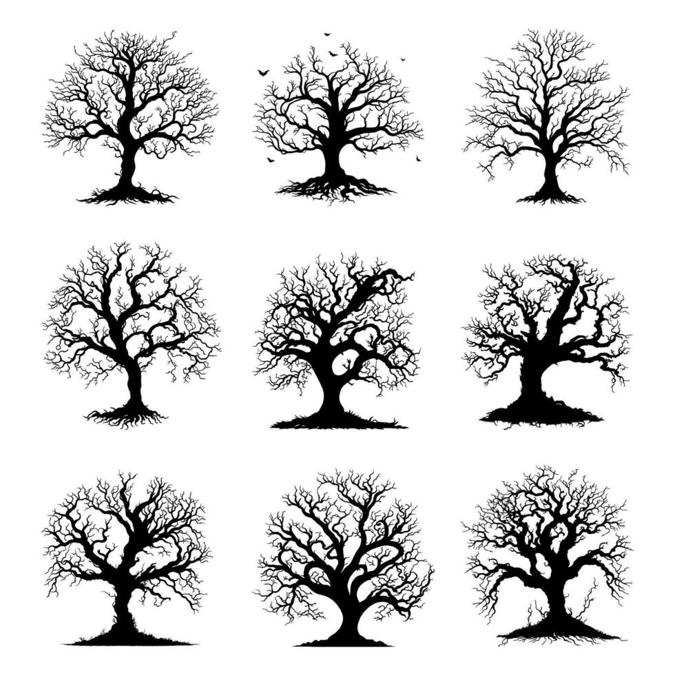 svart träd silhuett halloween vektor. gammal besatt träd med många grenar lämplig för halloween firande design element på vit bakgrund vektor