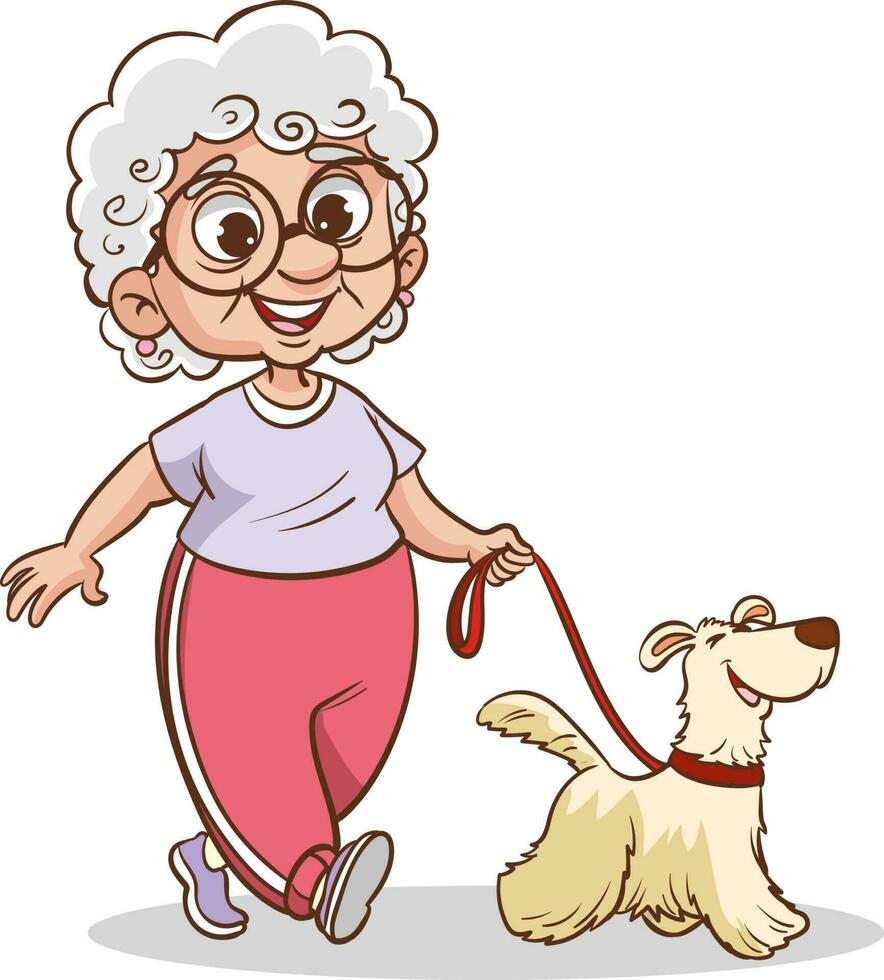 gammal kvinna gående henne hund. de promenad i de parkera. bäst vänner. vektor grafisk.