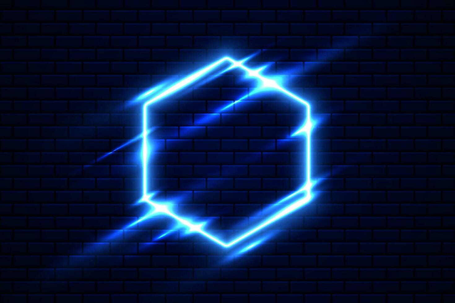 Vektor Hexagon Rahmen Blau Neon- Licht auf dunkel Blau Überlappung Design auf Ziegelwand Hintergrund.