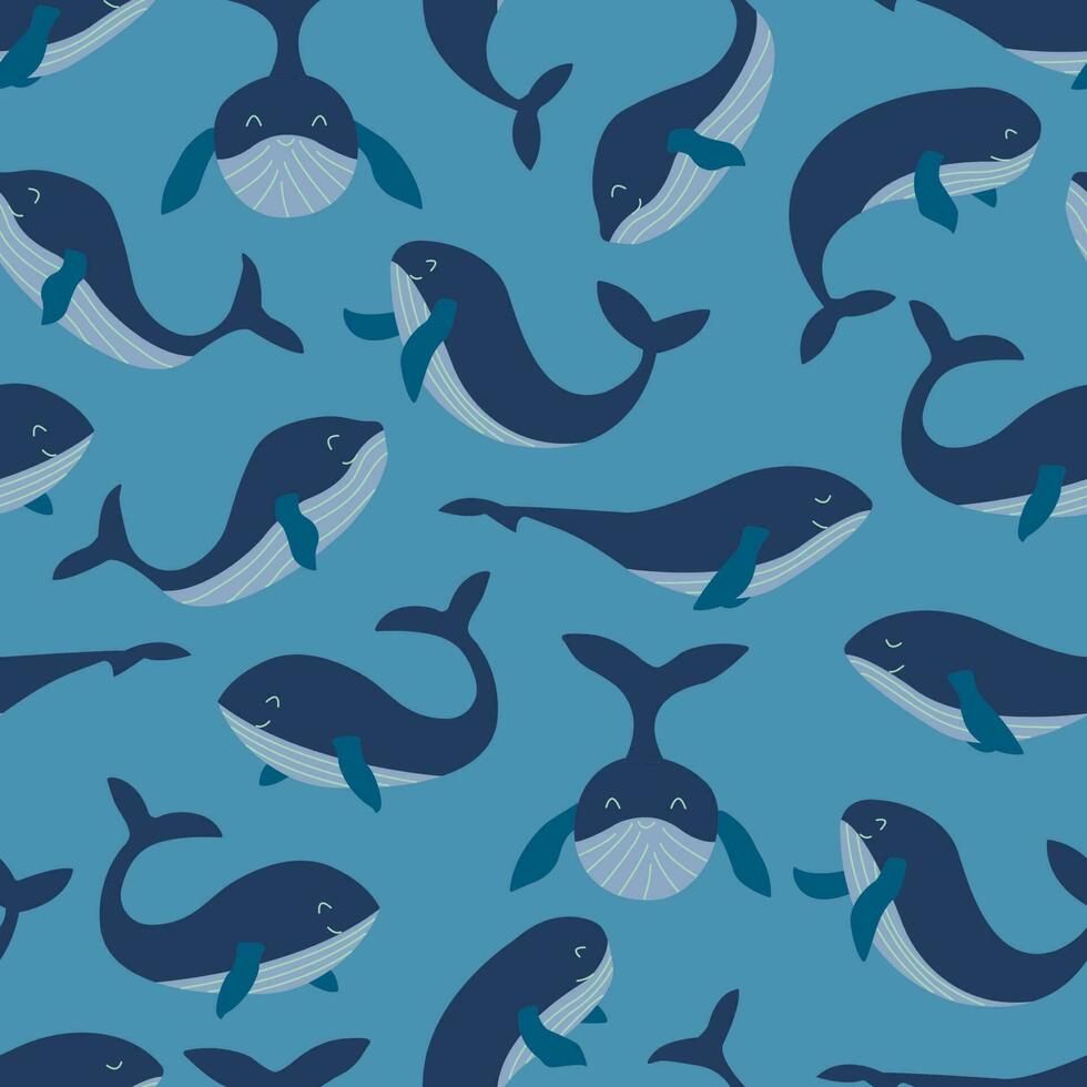 nahtlos Muster mit Blau glücklich Wal. Hand gezeichnet Vektor