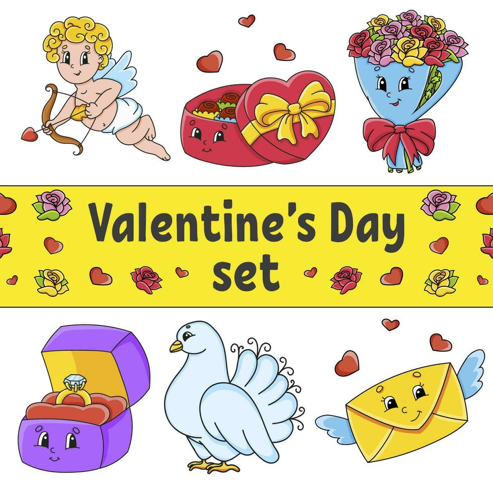 Satz niedlicher Zeichentrickfiguren. Valentinstag Clipart. handgemalt. bunte Packung. Vektorillustration. Sammlung von Patch-Abzeichen. Etikettengestaltungselemente. für Tagesplaner, Tagebuch, Veranstalter. vektor