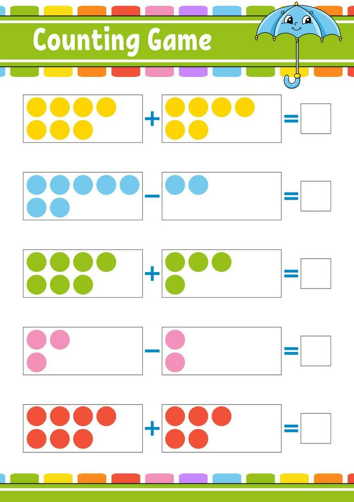 tillägg och subtraktion. uppgift för ungar. utbildning utvecklande arbetsblad. aktivitet Färg sida. spel för barn. rolig karaktär. tecknad serie stil. vektor illustration.