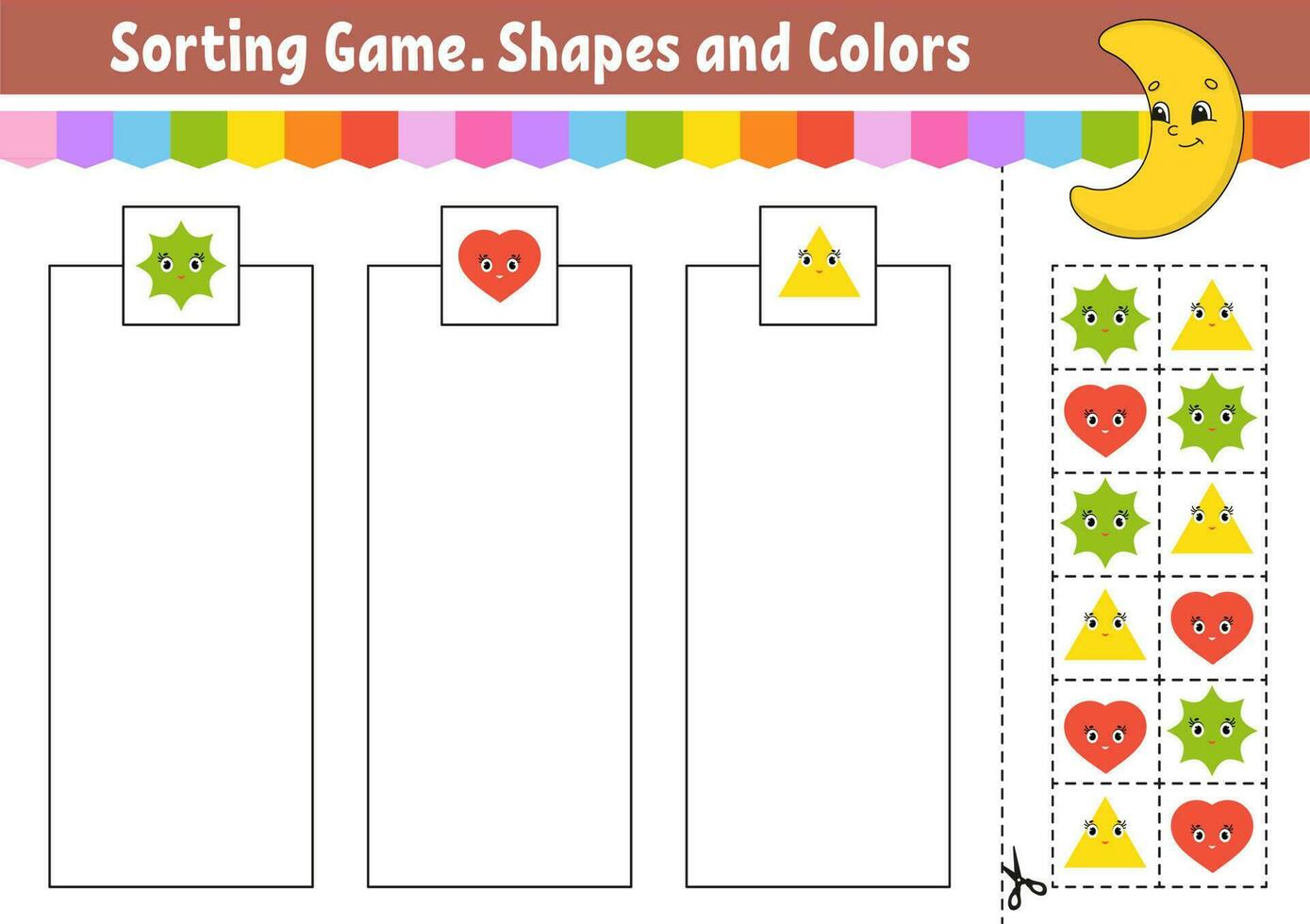 sorteringsspel. former och färger. klipp och klistra. utbildningsutvecklande arbetsblad. spel för barn. färgaktivitetssida. pussel för barn. söt karaktär. vektor illustration. tecknad stil.