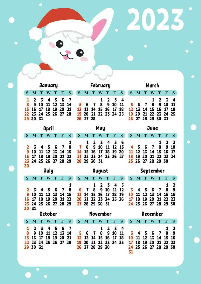 Färg kalender för 2023 med en söt karaktär kanin. vecka börjar på söndag. roligt och ljus design. tecknad serie stil. vektor illustration.