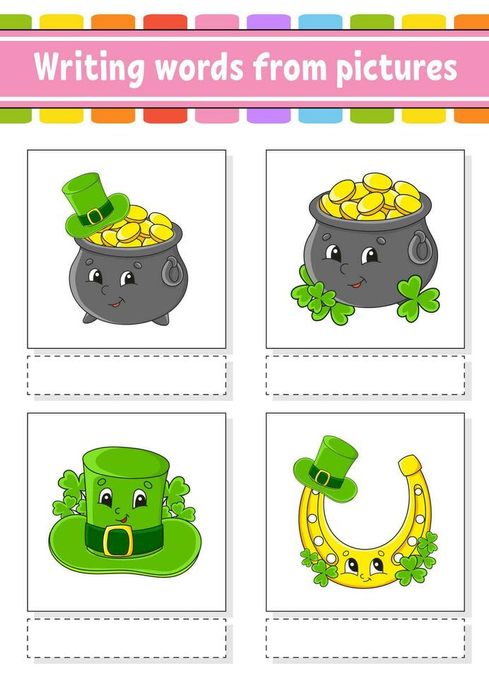 Wörter aus Bildern schreiben. arbeitsblatt zur bildungsentwicklung. Aktivitätsseite für Kinder. Puzzle für Kinder. isolierte vektorillustration. Zeichentrickfiguren. st. Patricks Tag. vektor