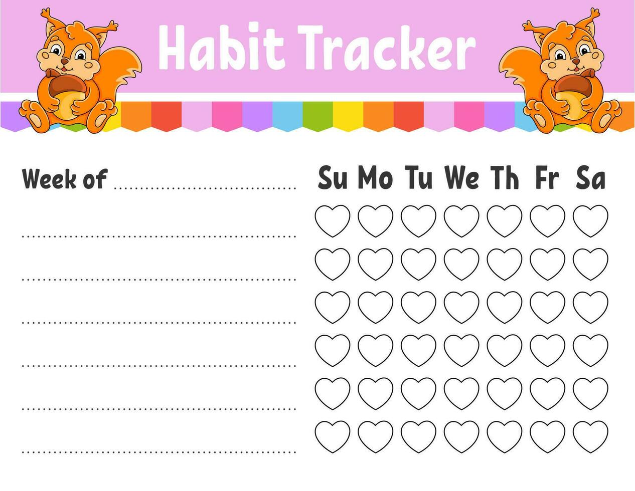 Gewohnheitstracker für Kinder. Blattvorlage zum Ausdrucken. mit süßem Charakter. Vektor-Illustration. vektor