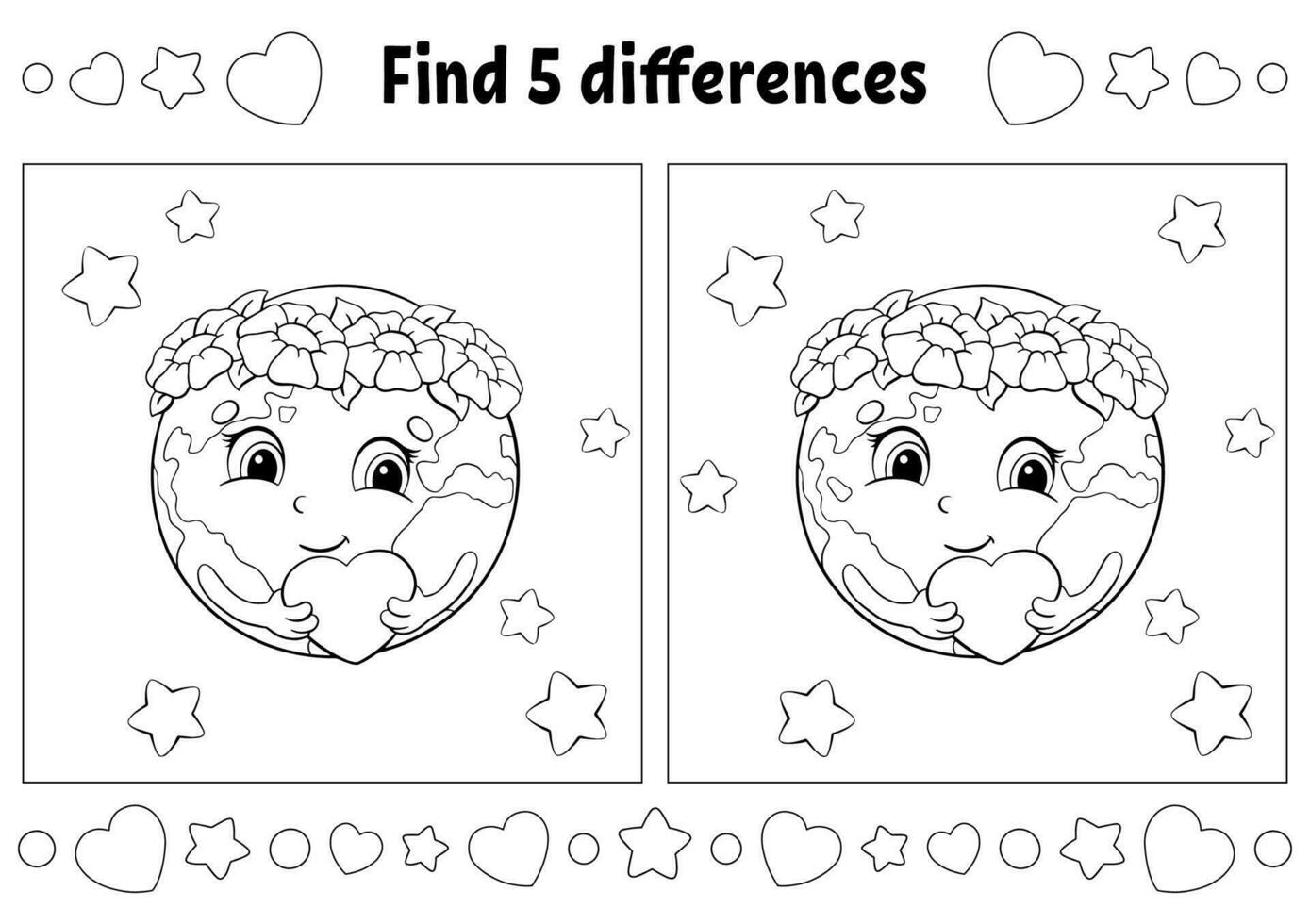 Finden Sie fünf Unterschiede. Malvorlagen für Kinder. Aktivitätsarbeitsblatt für Kinder. Vektor-Illustration isoliert auf weißem Hintergrund. vektor