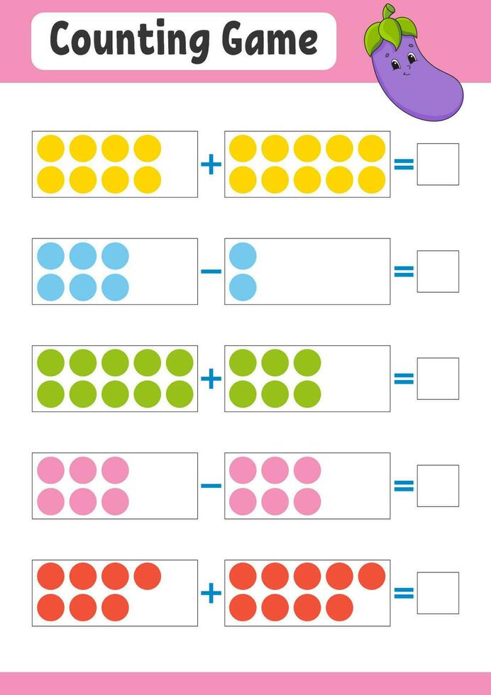 addition och subtraktion. uppgift för barn. utbildning som utvecklar arbetsblad. aktivitetsfärgsida. spel för barn. rolig karaktär. isolerad vektor illustration. tecknad stil.