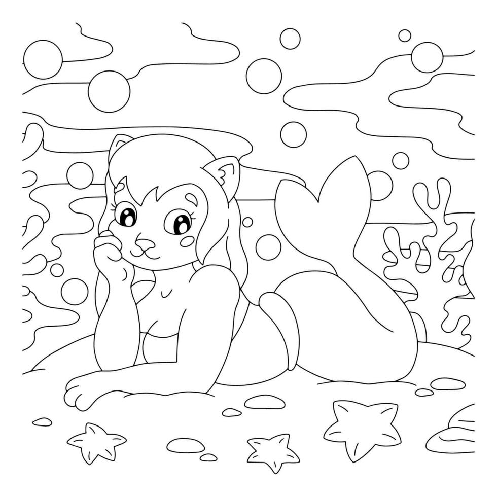 Malbuchseite für Kinder. süße Meerjungfrau. Zeichentrickfigur. Vektor-Illustration isoliert auf weißem Hintergrund. vektor