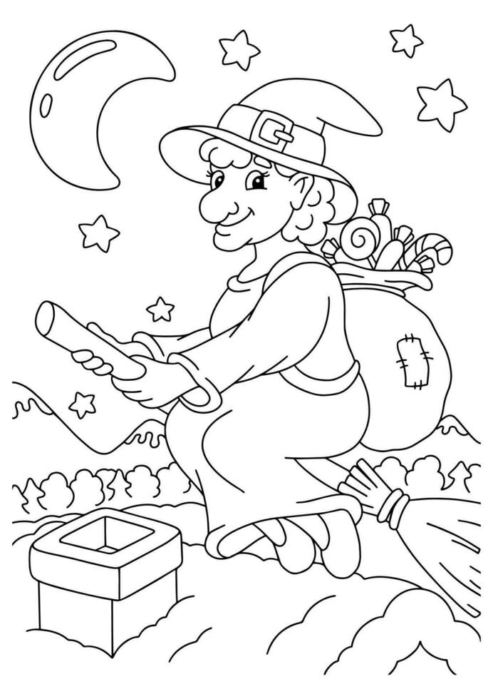 süße befana fliegt auf einem besenstiel mit einer tüte voller geschenke. Malbuchseite für Kinder. Zeichentrickfigur. Vektor-Illustration isoliert auf weißem Hintergrund. vektor