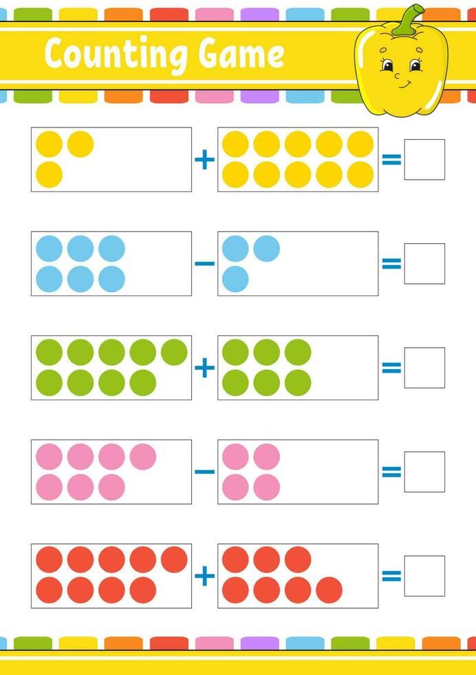 addition och subtraktion. uppgift för barn. utbildning som utvecklar arbetsblad. aktivitetsfärgsida. spel för barn. rolig karaktär. isolerad vektor illustration. tecknad stil.