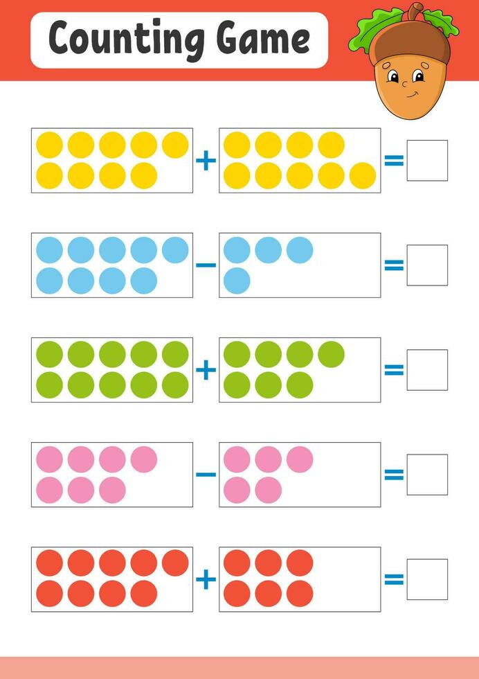 tillägg och subtraktion. uppgift för ungar. utbildning utvecklande arbetsblad. aktivitet Färg sida. spel för barn. rolig karaktär. tecknad serie stil. vektor illustration.