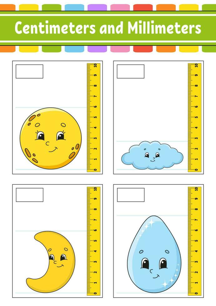 Messlänge in Zentimeter und Millimeter. arbeitsblatt zur bildungsentwicklung. Spiel für Kinder. Aktivitätsseite in Farbe. Puzzle für Kinder. süßer Charakter. Vektor-Illustration. Cartoon-Stil. vektor