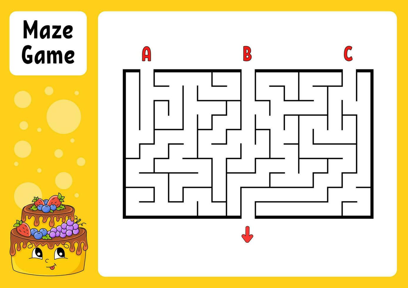 rechteckiges Labyrinth. Spiel für Kinder. drei Eingänge, ein Ausgang. Arbeitsblatt Bildung. Puzzle für Kinder. Labyrinth Rätsel. den richtigen Weg finden. Zeichentrickfigur. Vektor-Illustration. vektor