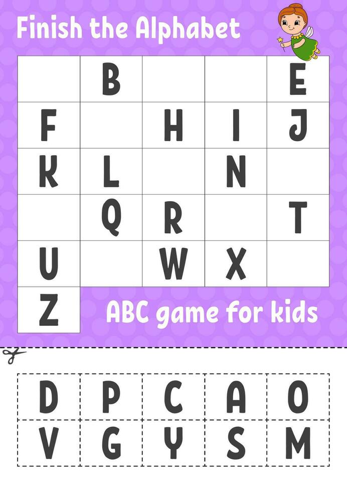 Beende das Alphabet. ABC-Spiel für Kinder. schneiden und Kleben. Arbeitsblatt zur Entwicklung von Bildung. Lernspiel für Kinder. Farbaktivitätsseite. vektor