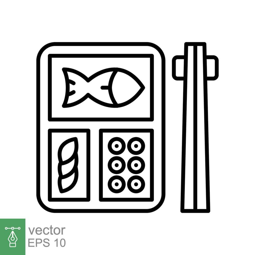 bento ikon. enkel översikt stil. japansk matlåda, ätpinnar, ris, fisk, tecknad serie, japan restaurang, asiatisk mat begrepp. tunn linje symbol. vektor illustration isolerat på vit bakgrund. eps 10.