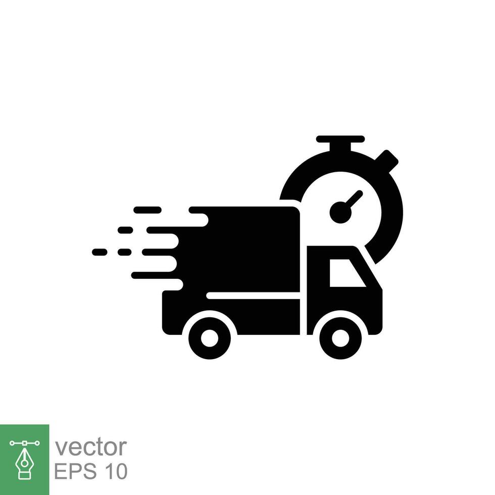 schnell Lieferung Symbol. einfach solide Stil. LKW mit Uhr, Stoppuhr, äußern, schnell Zeit Bedienung Konzept. schwarz Silhouette, Glyphe Symbol. Vektor Illustration isoliert auf Weiß Hintergrund. eps 10.