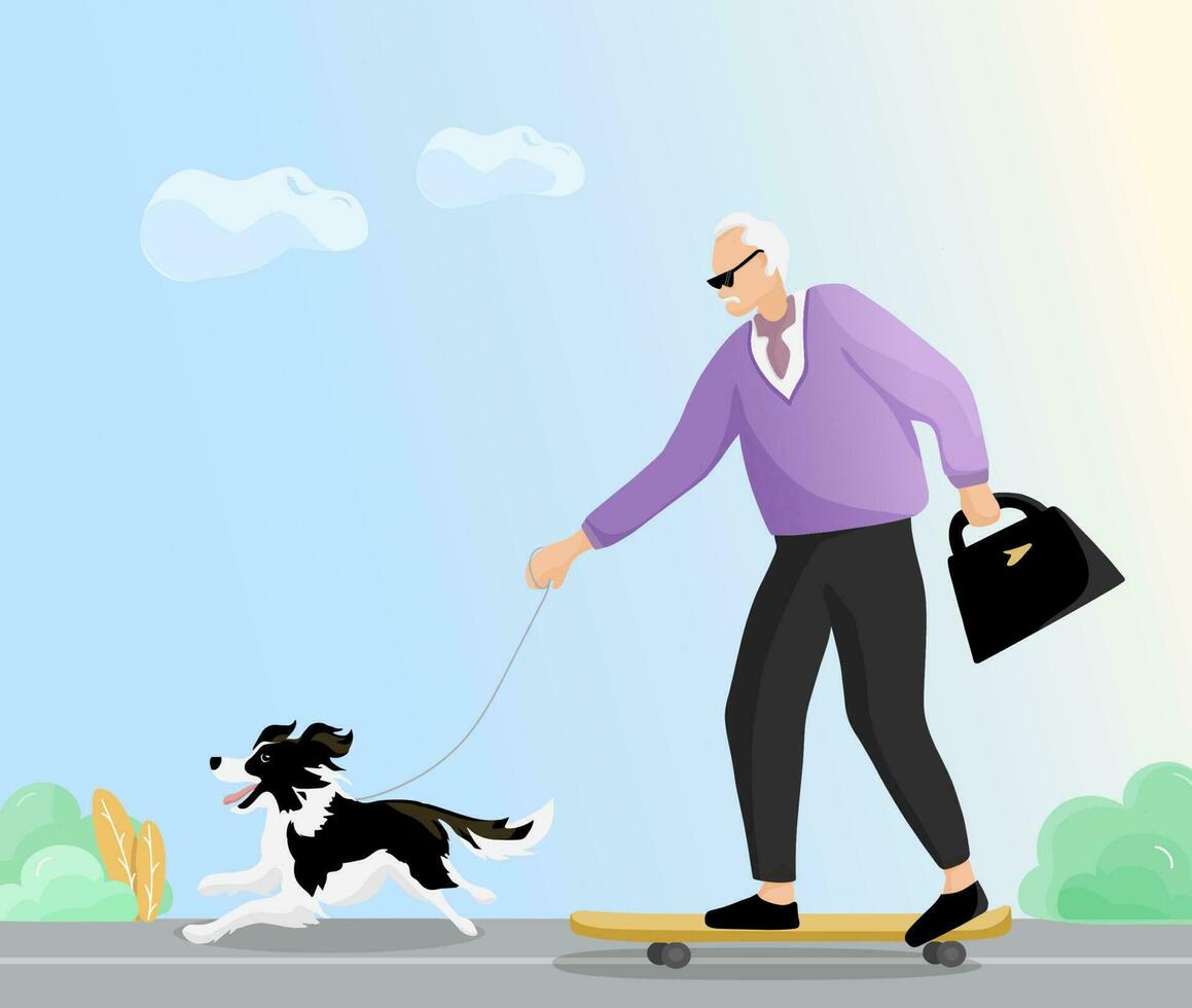 äldre man gående till arbete med gräns collie hund. senior silver- generation man ridning en skateboard. morfar på en longboard med sällskapsdjur. rekreations sport för farfar. vektor platt illustration