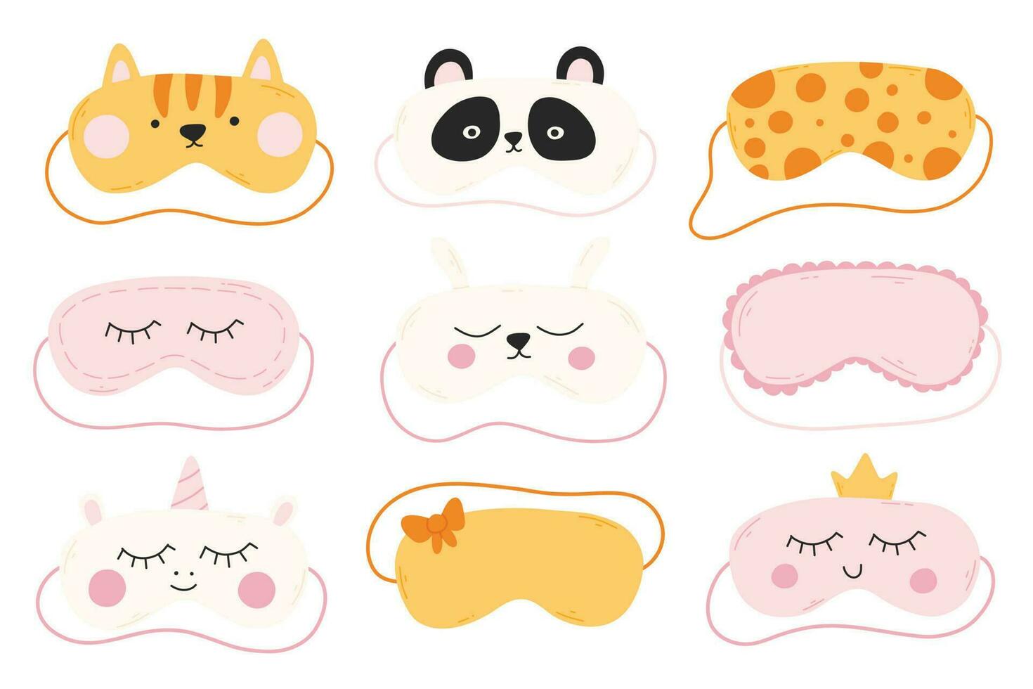 einstellen von Schlaf Masken im eben Stil. Sammlung von Hand gezeichnet Masken. Vektor Illustration. iasca zum Schlafen mit ein Katze, Panda, Einhorn.
