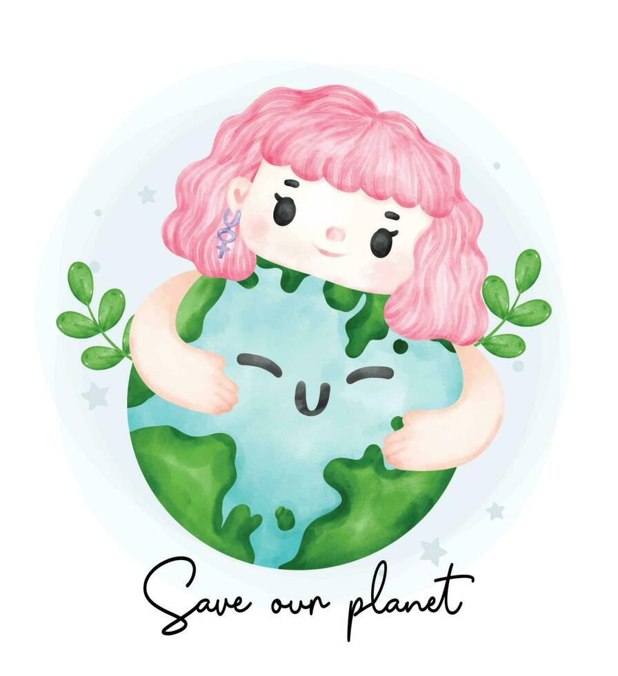Öko freundlich speichern unser Planet, ein jung Mode Mädchen Umarmung Grün Planet Aquarell malen. vektor