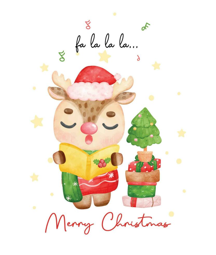 söt ren carroller, jul ren sång och innehav en sångbok, med tall träd och stack av presenterar glad jul tid, tecknad serie djur- karaktär vattenfärg hand teckning vektor