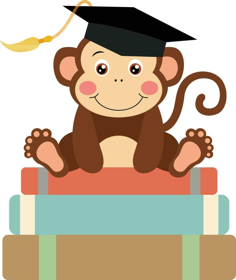 süß Affe mit Abschluss Deckel Sitzung auf oben von Bücher vektor