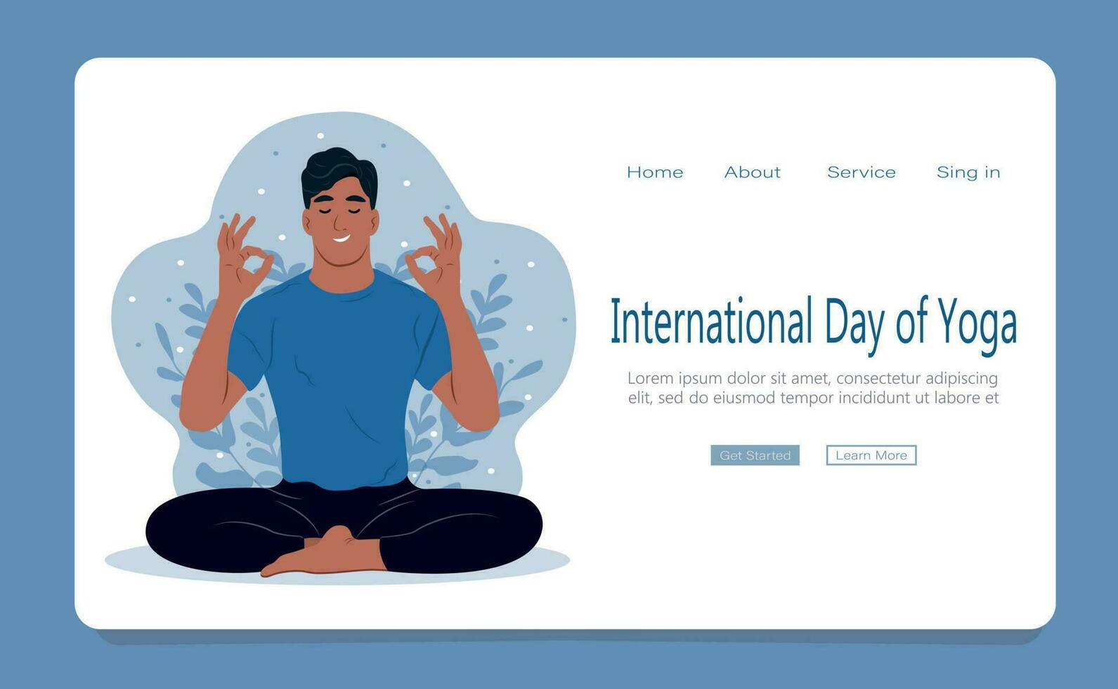 International Tag von Yoga Banner . Mann mit geschlossen Augen meditieren im Yoga Lotus Haltung. Netz Seite Vorlage. eben Vektor Illustration.