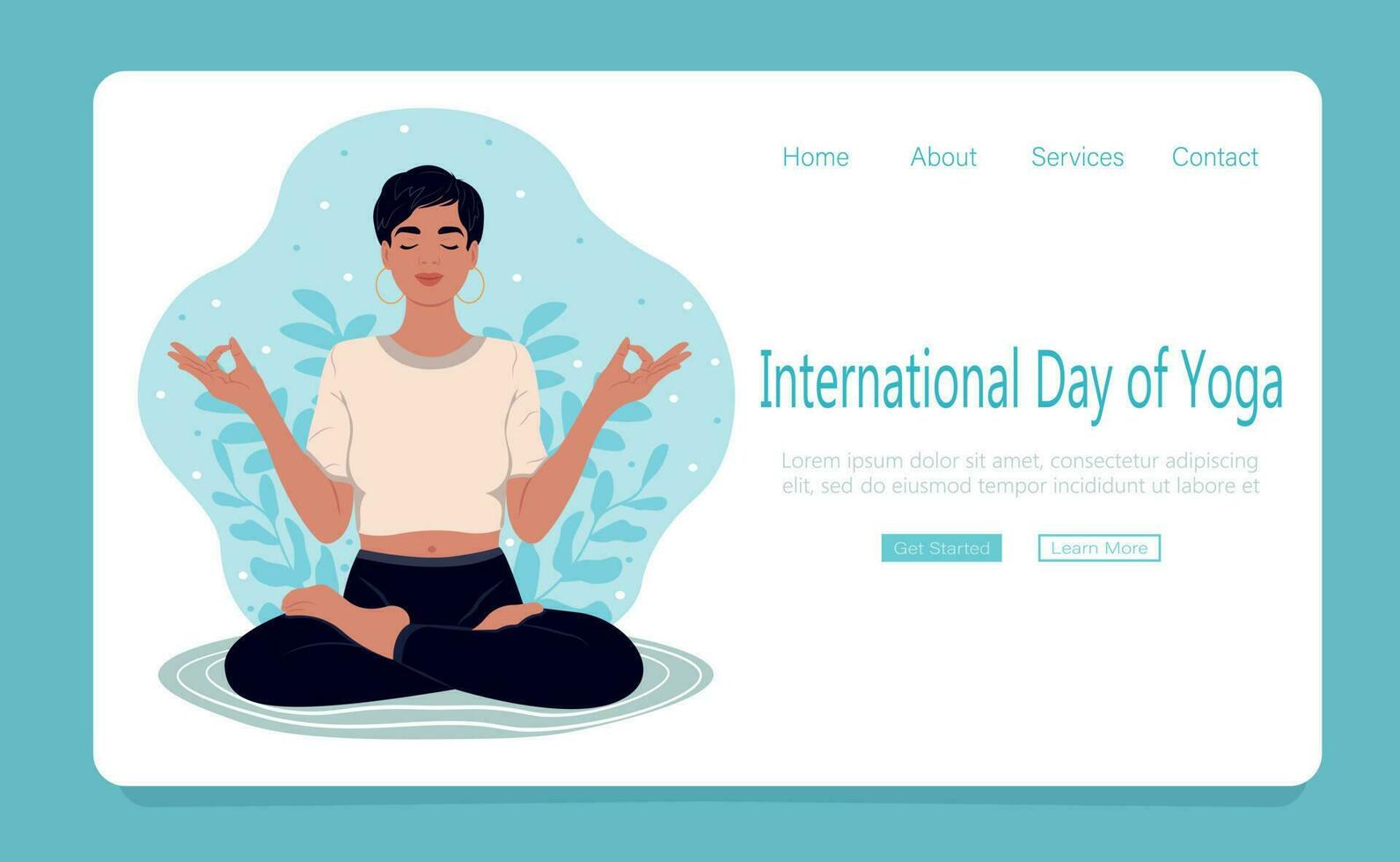 internationell dag av yoga. kvinna med stängd ögon mediterar i yoga lotus hållning. webb sida mall. platt vektor illustration.