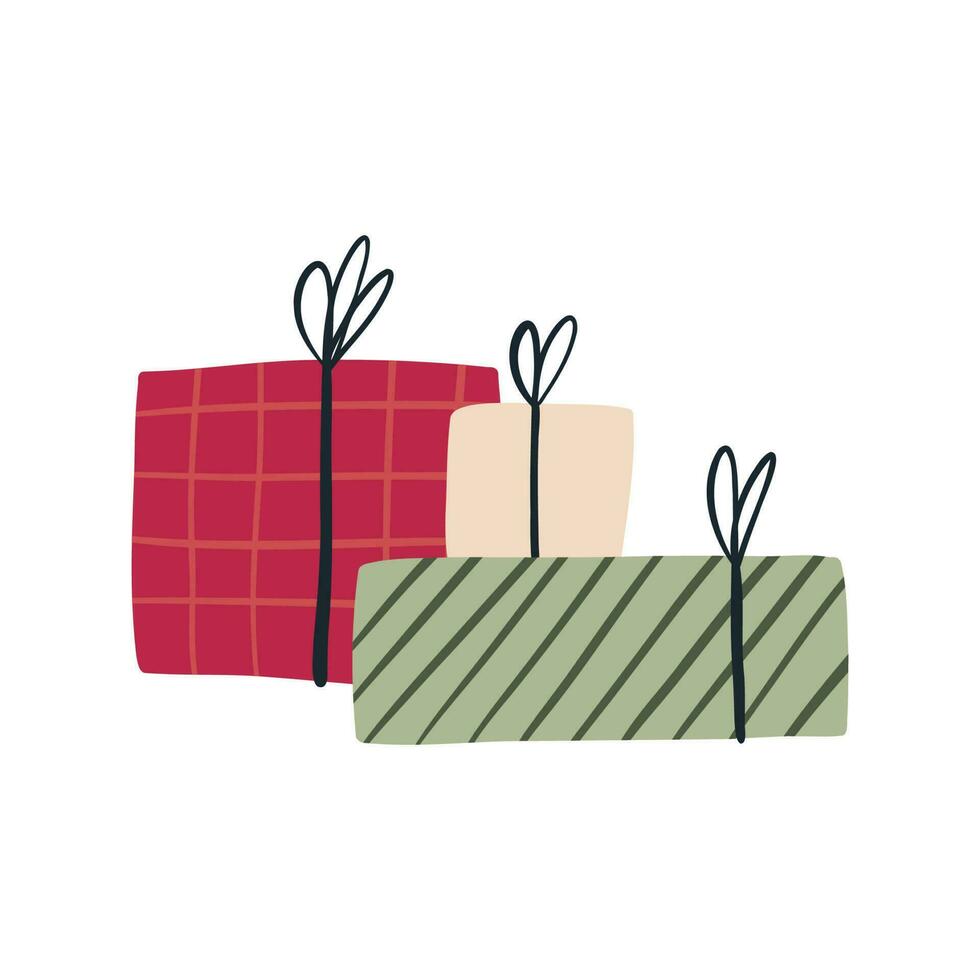 lugg av gåva lådor i trendig omslag papper, hand dragen platt vektor illustration isolerat på vit bakgrund. jul Semester eller födelsedag firande.