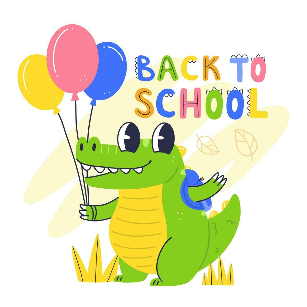 Design Konzept Poster zurück zu Schule mit ein süß Krokodil Charakter. glücklich Krokodil Baby mit Rucksack und Luftballons im Karikatur eben Stil. Vektor Illustration.