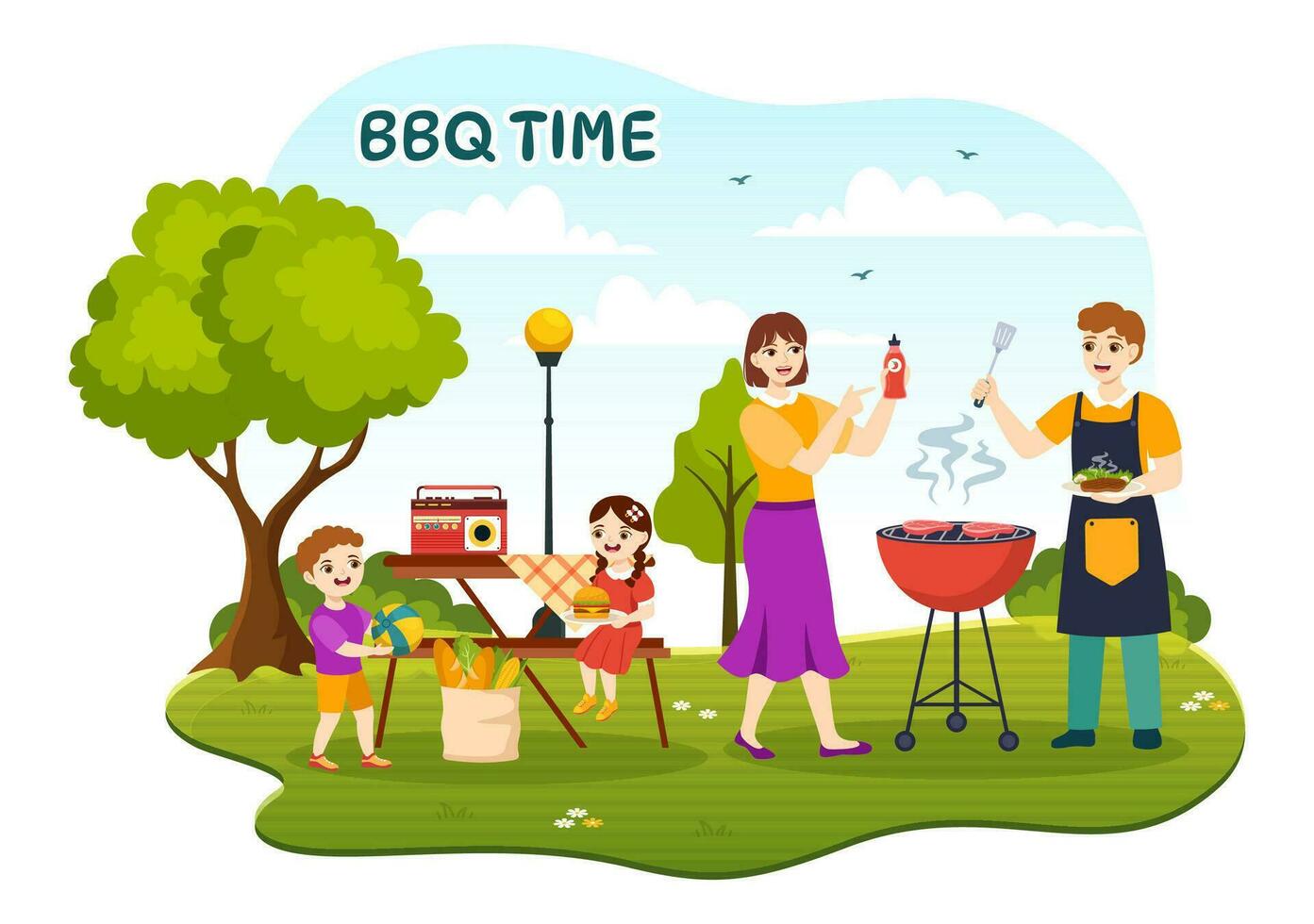 Grill und Grill einstellen Vektor Illustration Kinder Grillen oder Grill Party Essen beim Park im Festival und Sommer- Kochen Karikatur Hand gezeichnet Vorlagen