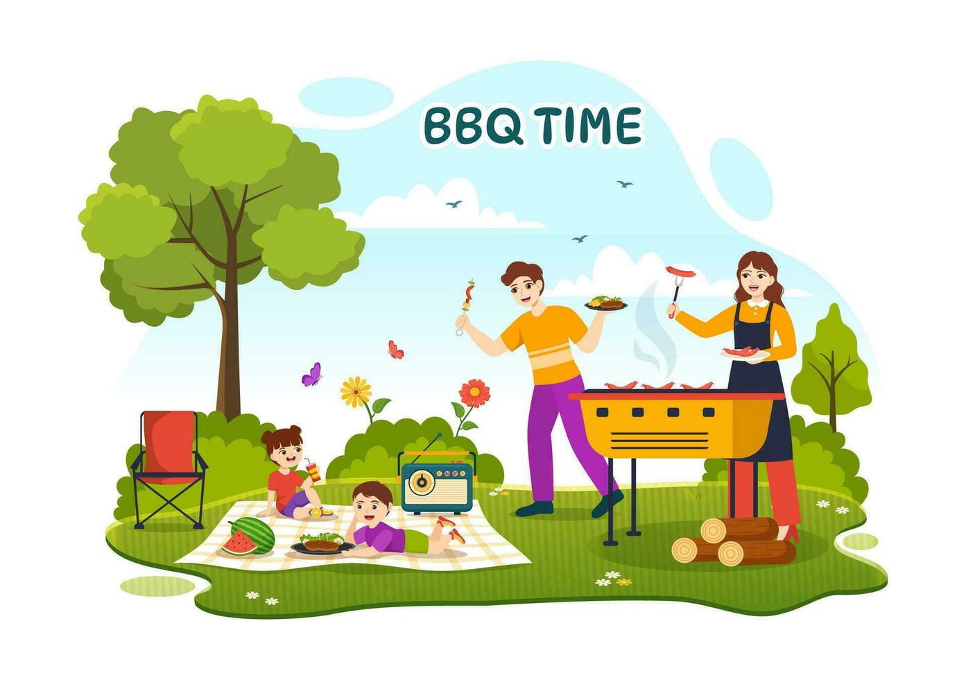 Grill und Grill einstellen Vektor Illustration Kinder Grillen oder Grill Party Essen beim Park im Festival und Sommer- Kochen Karikatur Hand gezeichnet Vorlagen