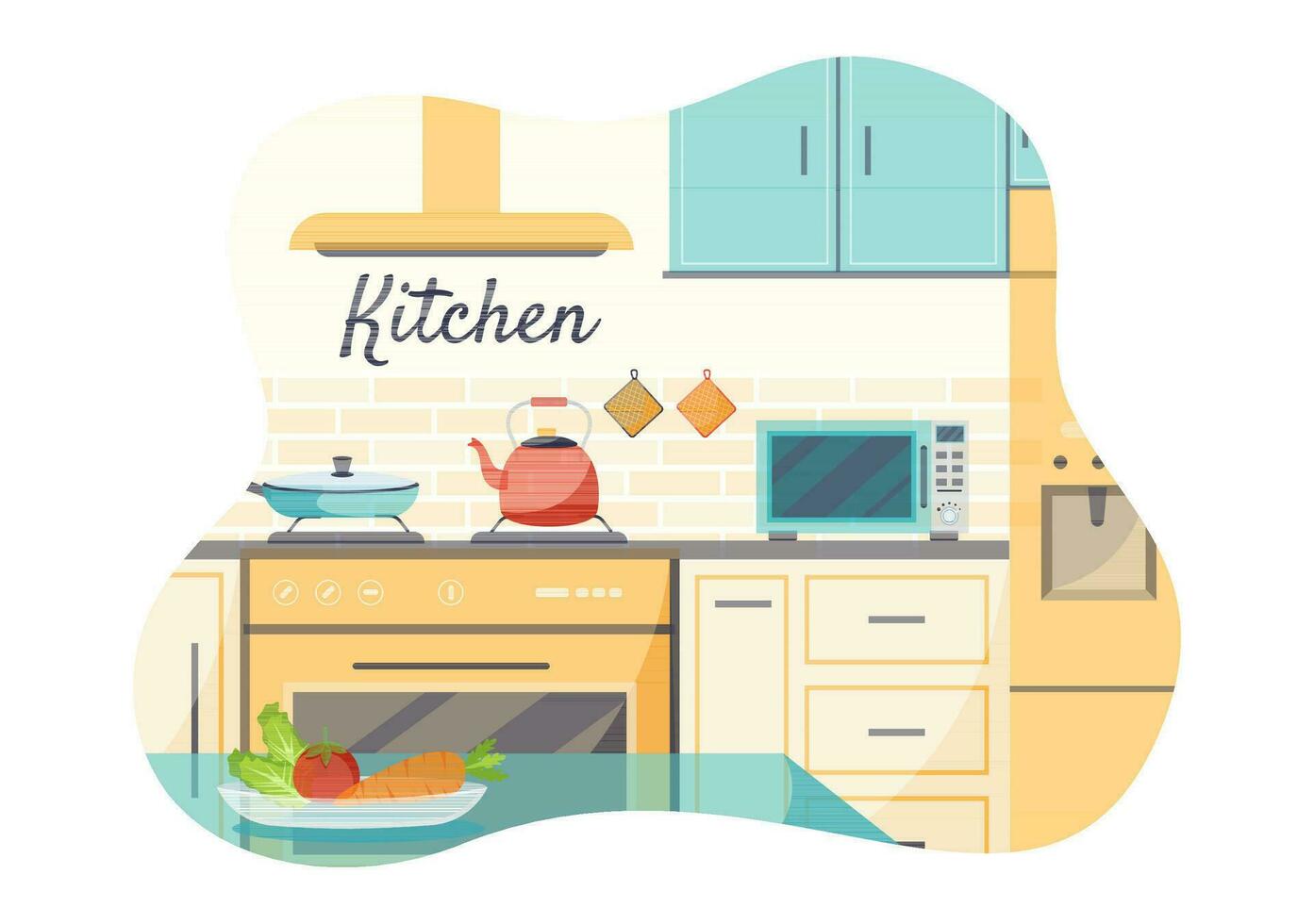 kök arkitektur vektor illustration med möbel och interiör sådan som tabell, spis och kylskåp i platt tecknad serie hand dragen bakgrund mallar