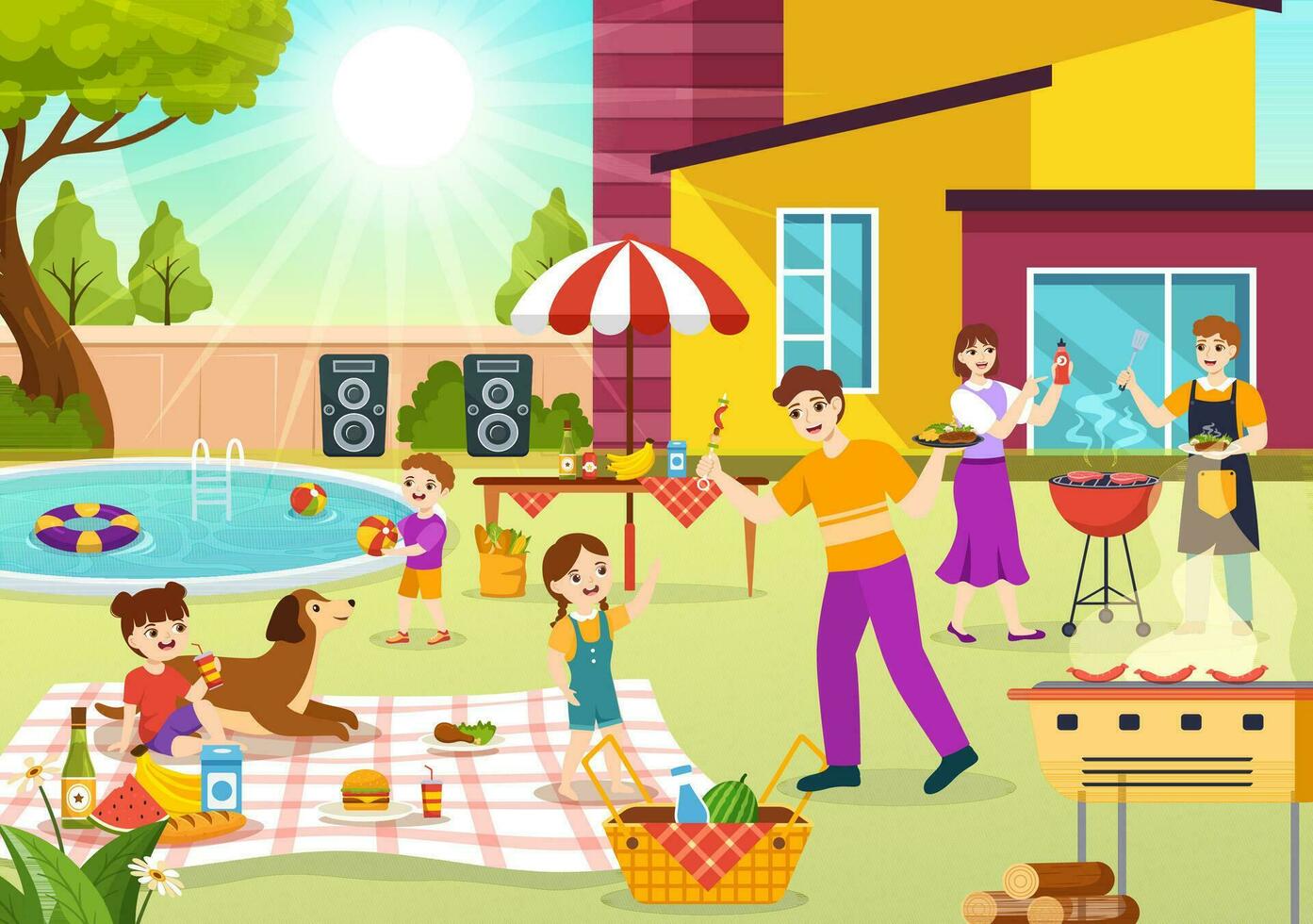 Grill und Grill einstellen Vektor Illustration Kinder Grillen oder Grill Party Essen beim Park im Festival und Sommer- Kochen Karikatur Hand gezeichnet Vorlagen