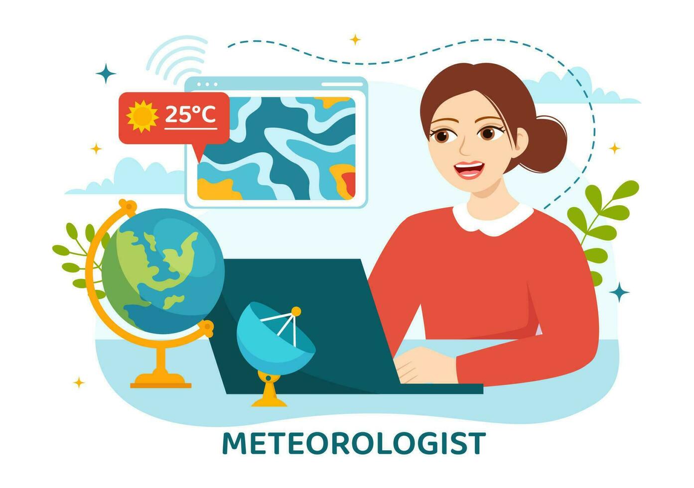 meteorolog vektor illustration med väder prognos och atmosfärisk nederbörd Karta i platt tecknad serie hand dragen landning sida mallar