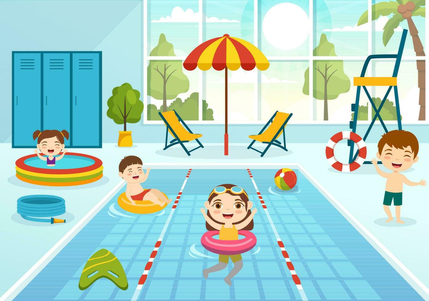 Schwimmen Schwimmbad Vektor Illustration mit Sommer- Ferien Landschaft Konzept und Kinder schwimmen Sommer- Aktivität im Karikatur Hand gezeichnet Hintergrund Vorlagen