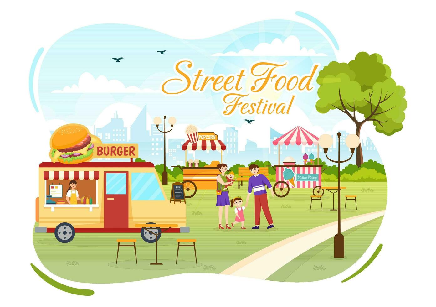 gata mat festival händelse vektor illustration med människor och livsmedel lastbilar i sommar utomhus- stad parkera i platt tecknad serie hand dragen mallar