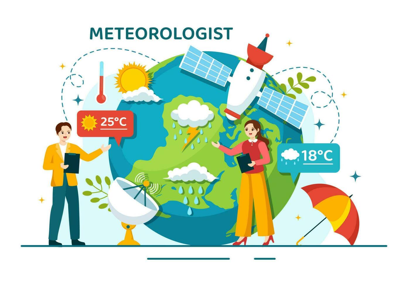 meteorolog vektor illustration med väder prognos och atmosfärisk nederbörd Karta i platt tecknad serie hand dragen landning sida mallar