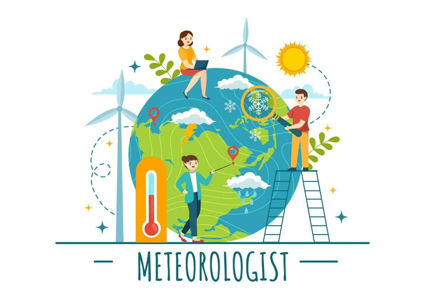 meteorolog vektor illustration med väder prognos och atmosfärisk nederbörd Karta i platt tecknad serie hand dragen landning sida mallar