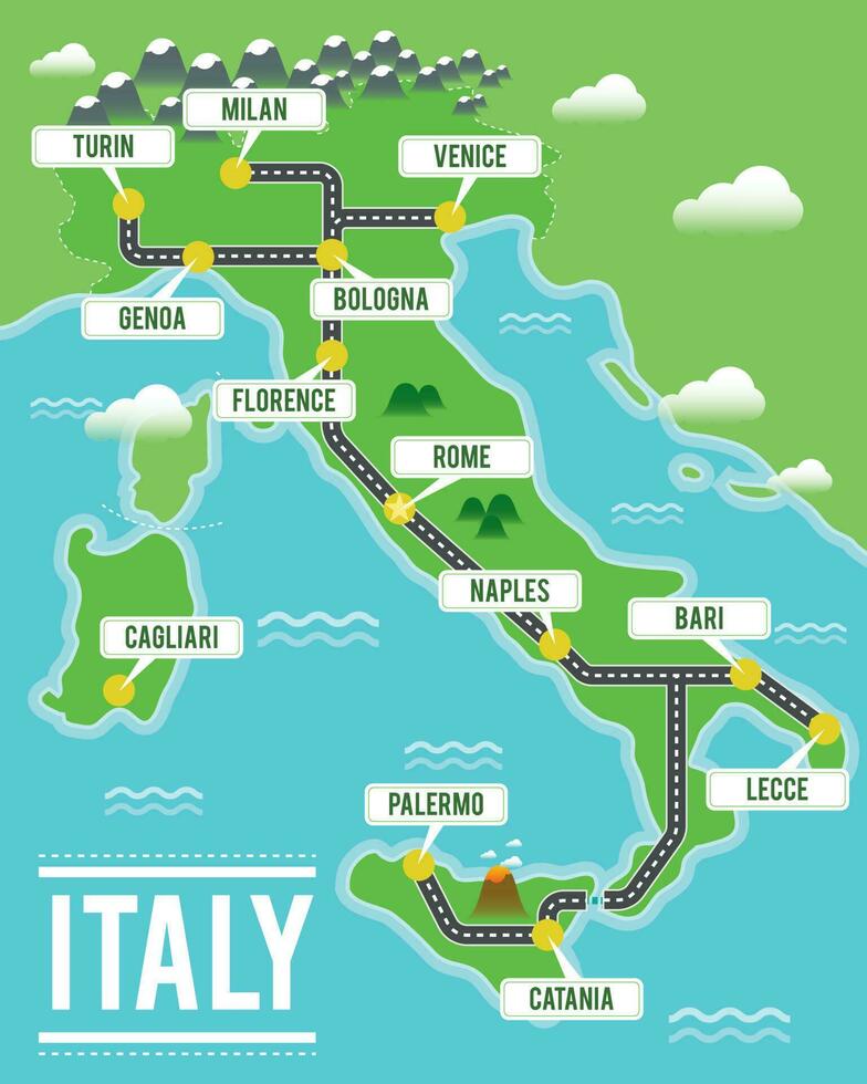 tecknad serie vektor Karta av Italien. resa illustration med italiensk huvud städer.