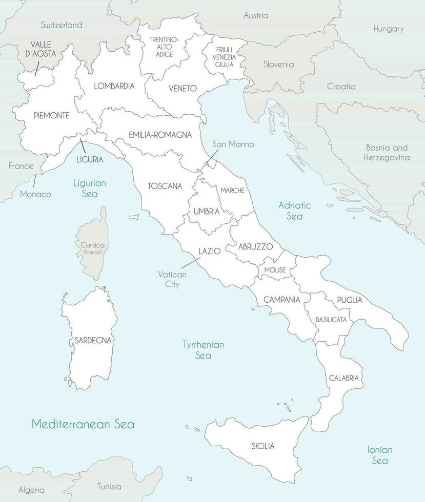 vektor Karta av Italien med regioner och administrativ divisioner, och angränsande länder och områden. redigerbar och klart märkt skikten.
