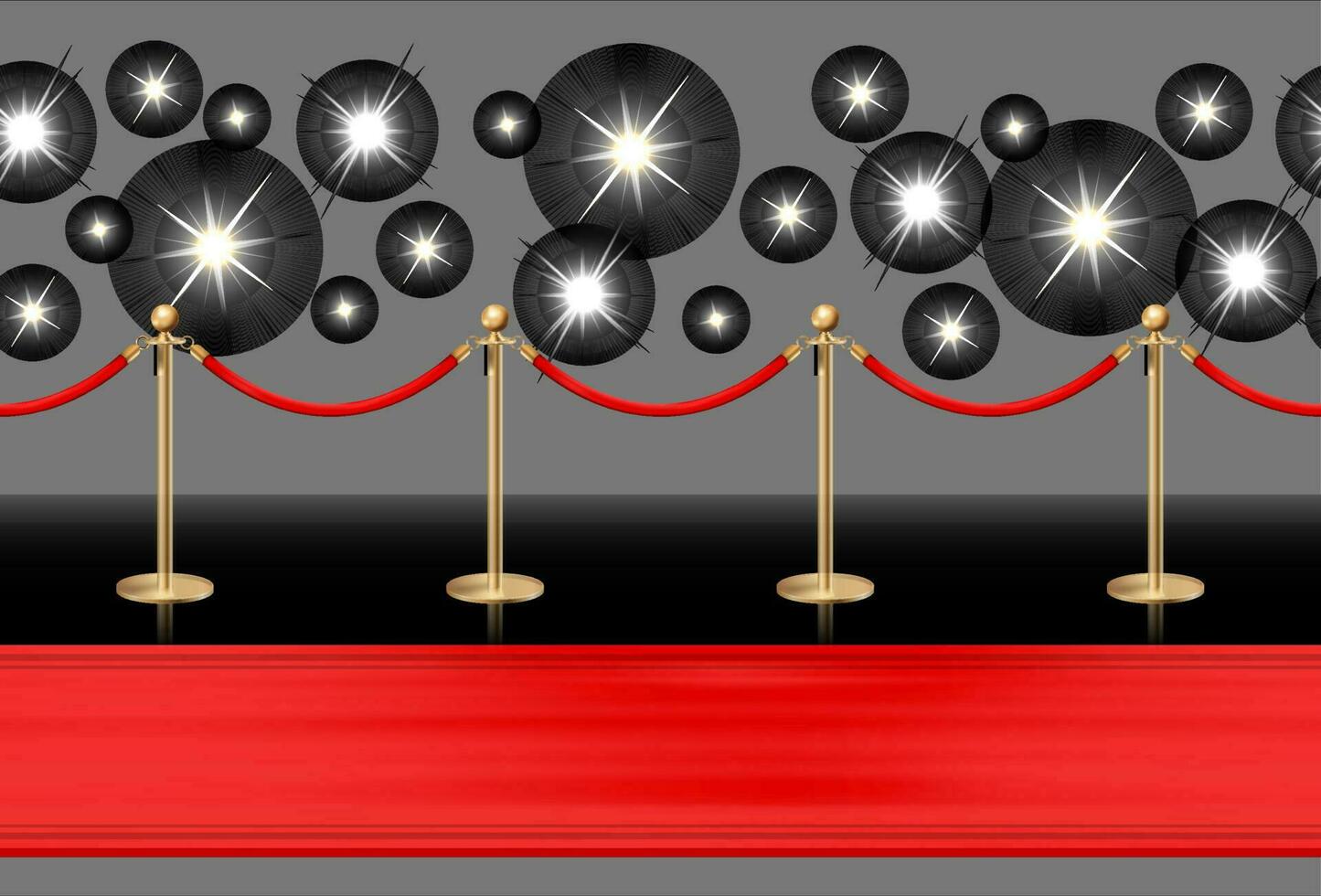 rot Teppich auf das Fußboden und golden Barrieren mit funkelnd Scheinwerfer. realistisch isoliert Zaun mit Seil auf schwarz Hintergrund. Vektor Illustration.